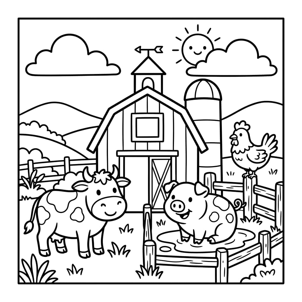 Animales de Granja página para colorear de muestra en blanco y negro