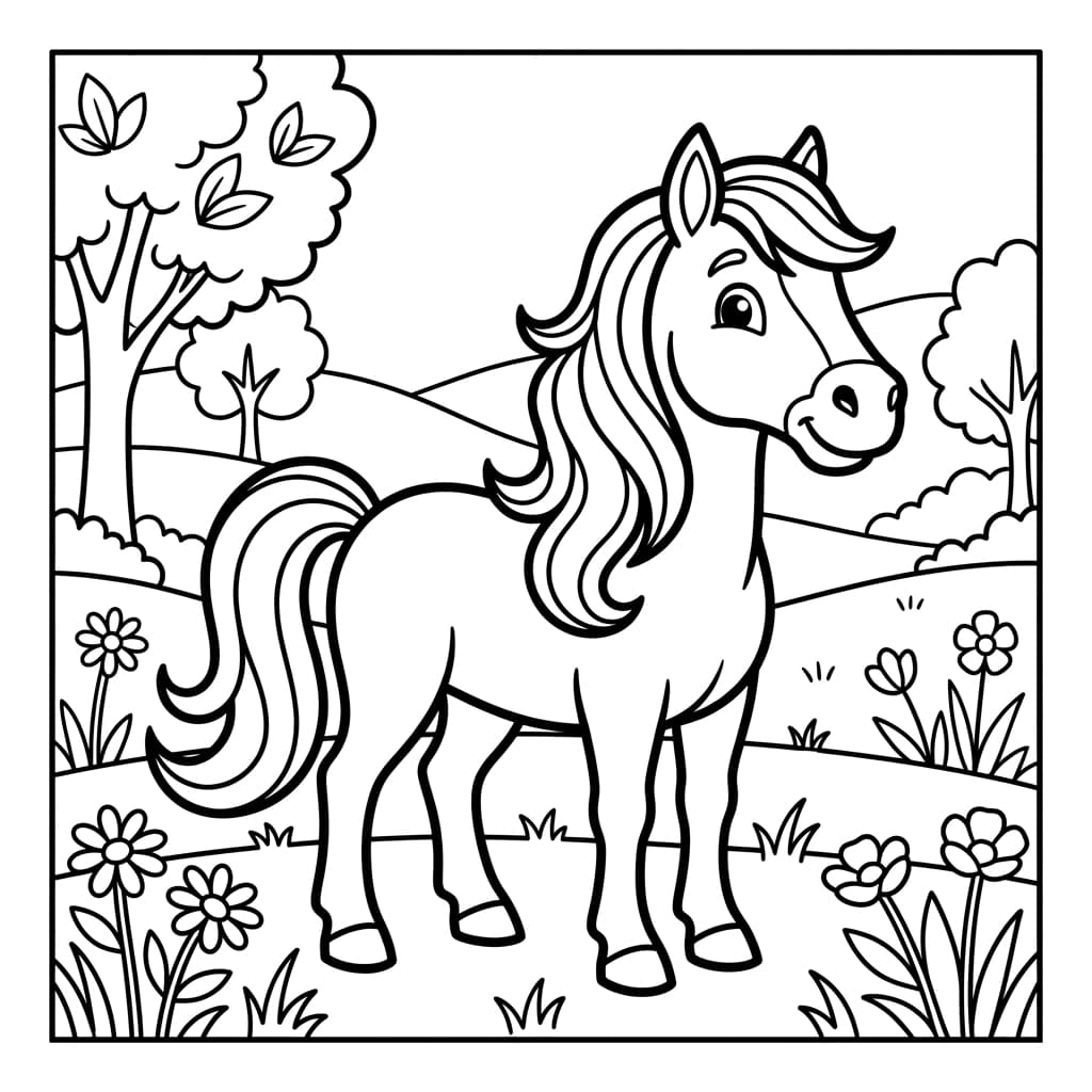 Caballo página para colorear de muestra en blanco y negro