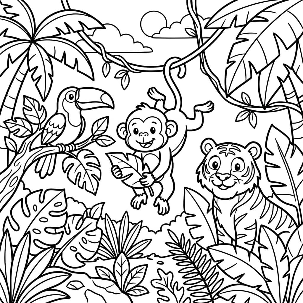 Animales de la Selva página para colorear de muestra en blanco y negro